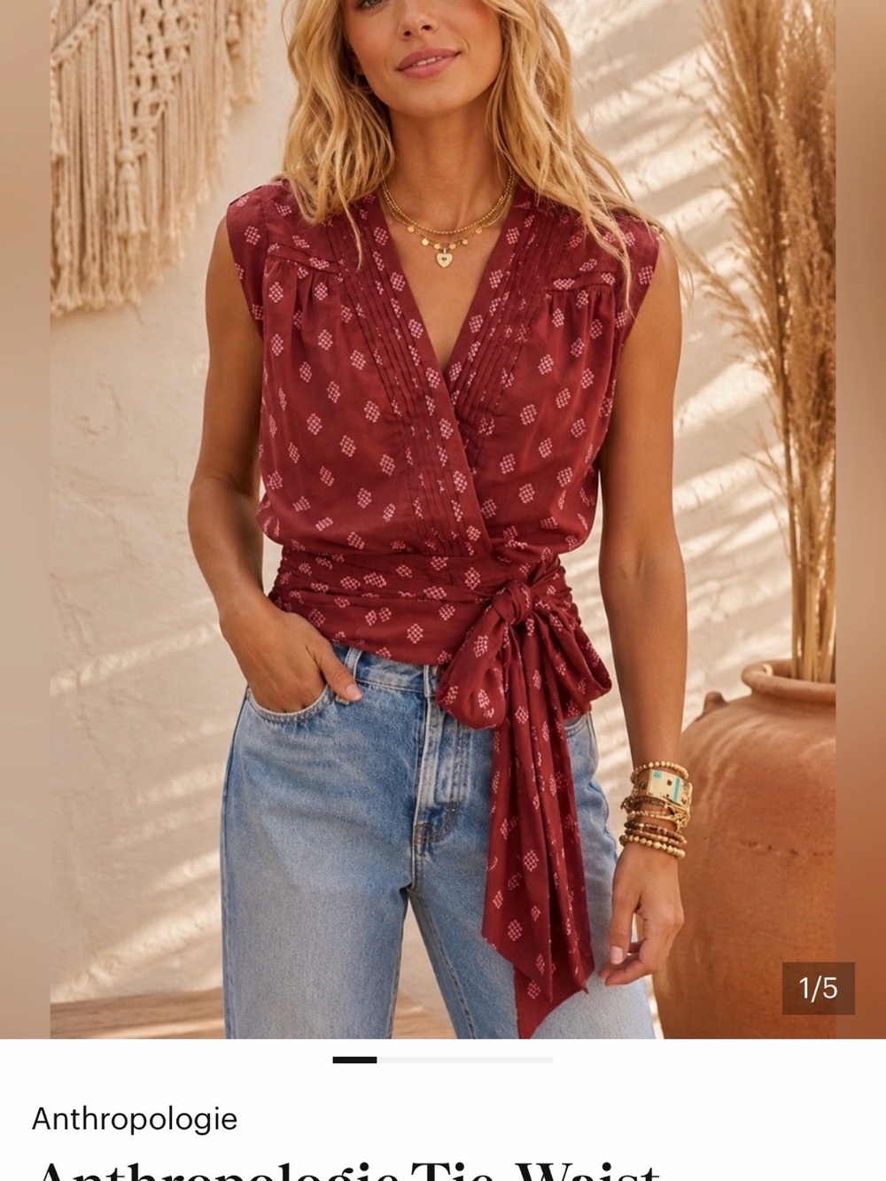 Anthropologie Burgundy Printed Smocked-Waist Sleeveless Tank - Picture 2 of 8